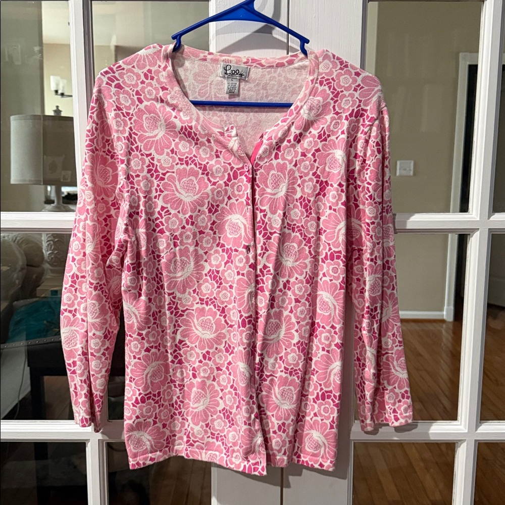 Lilly Pulitzer Pink White Floral Vintage White Label Button Sweater Size Large
